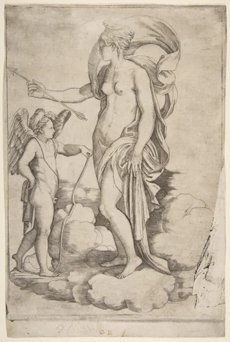 Venus and Cupids on Clouds by Jacopo Francia, print, 1510-1575