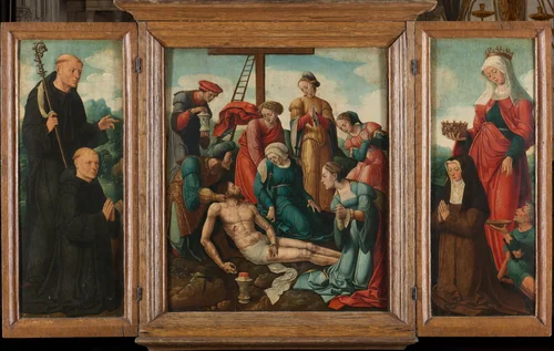 Triptych with the Lamentation of Christ (center), flanked by the male Donor with Saint Benedict (left, inner wing) and female Donor with Saint Elizabeth of Thuringia (right, inner wing) by Unknown, painting, 1540-1545