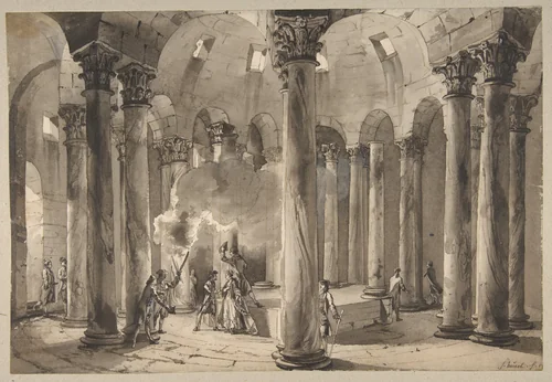 Visitors with Torches Inside a Circular Building by Jean-Pierre-Louis-Laurent Hoüel, drawing, 1764-1774