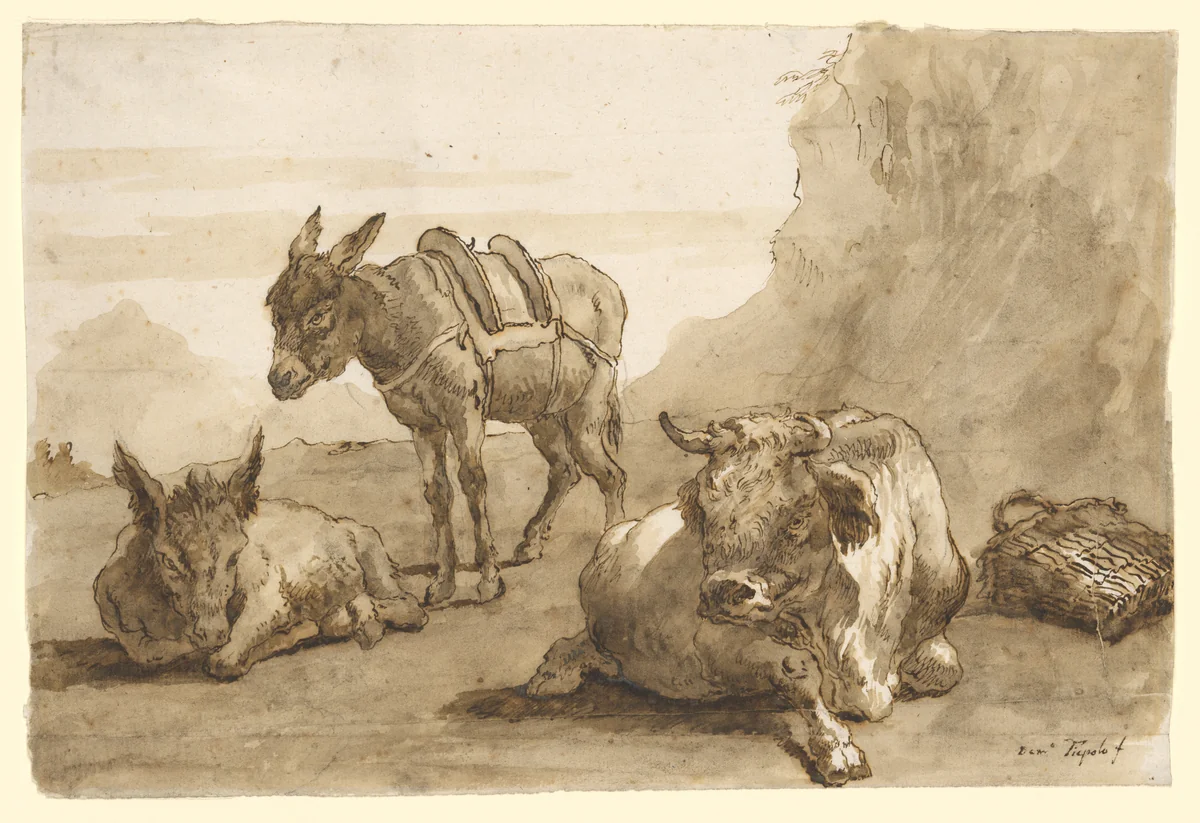 A Bull Lying Down, and Two Donkeys, in a Landscape by Giovanni Domenico Tiepolo, drawing, 1757-1764