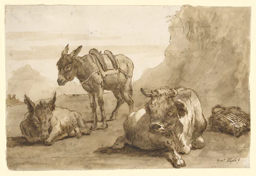 A Bull Lying Down, and Two Donkeys, in a Landscape by Giovanni Domenico Tiepolo, drawing, 1757-1764