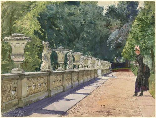 A Promenade in the Park at Sanssouci by Franz Skarbina, drawing, 1885