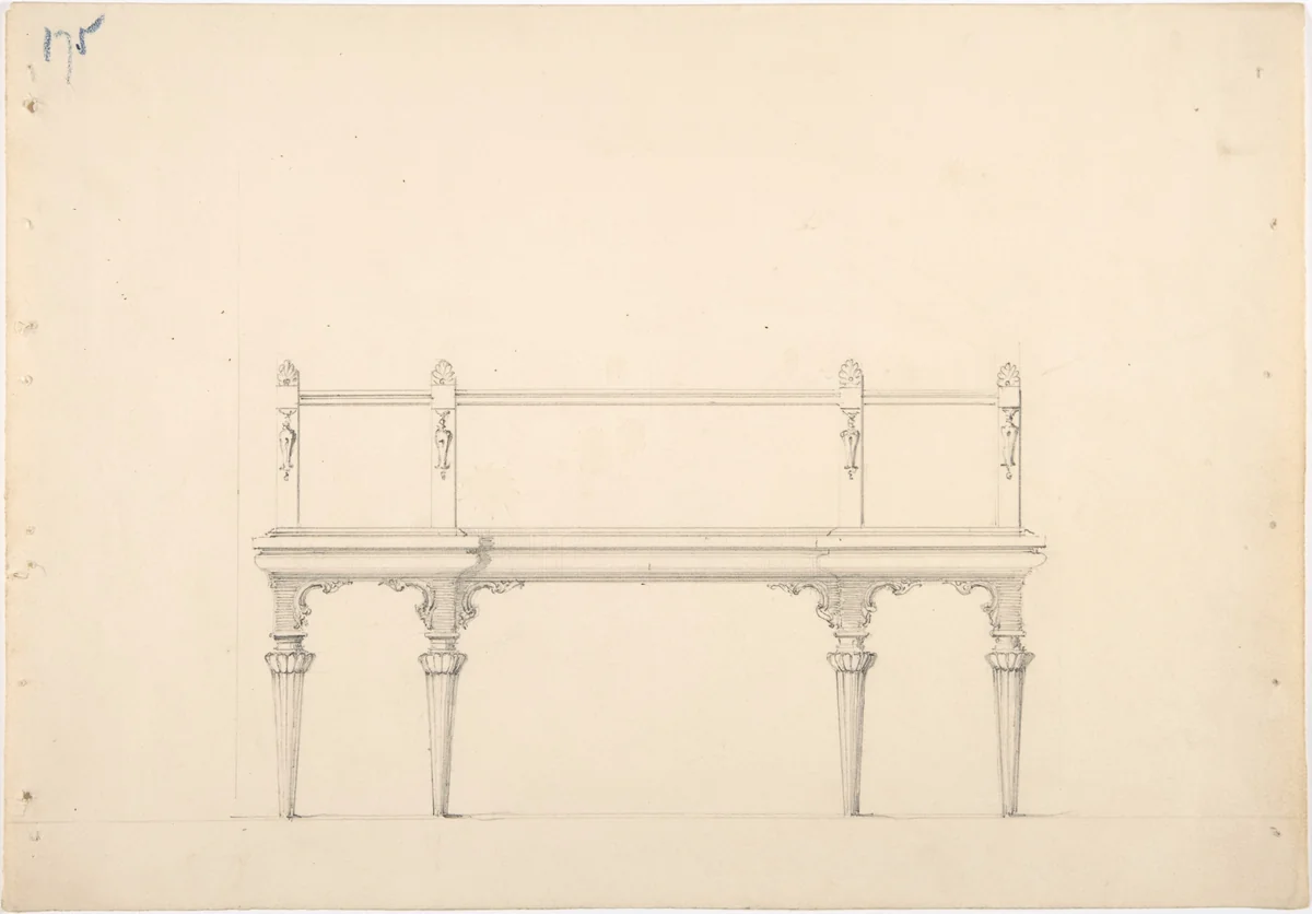 Design for a Mirrored Sideboard with Diminishing Columnar Legs and Classical Ornament by anonymous, drawing, 1800-1850