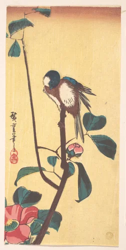 Camellia and Blue-Headed Bird by Utagawa Hiroshige (歌川広重), print, 1823-1843