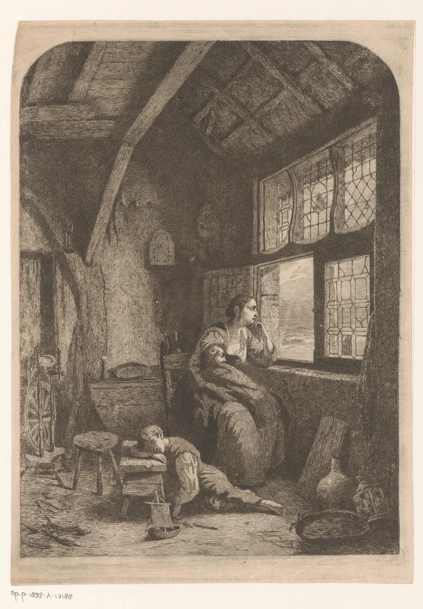 Vrouw met twee slapende kinderen wachtend bij een open raam by Willem Linnig, print, 1856