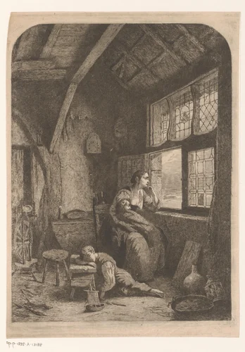 Vrouw met twee slapende kinderen wachtend bij een open raam by Willem Linnig, print, 1856