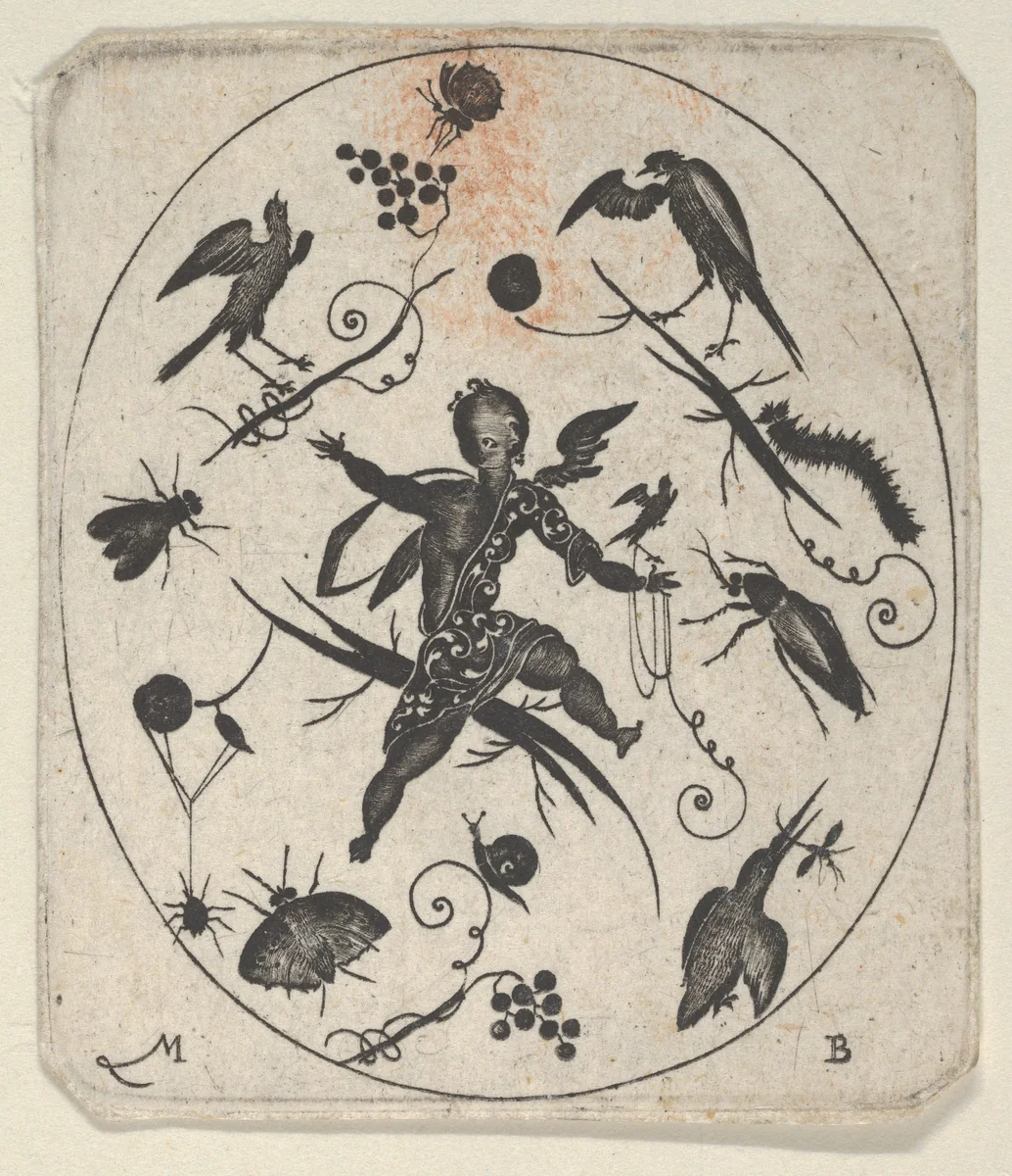 Blackwork Design for Goldsmithwork with a Putto, Birds and Insects by Mathais Beitler, print, 1612