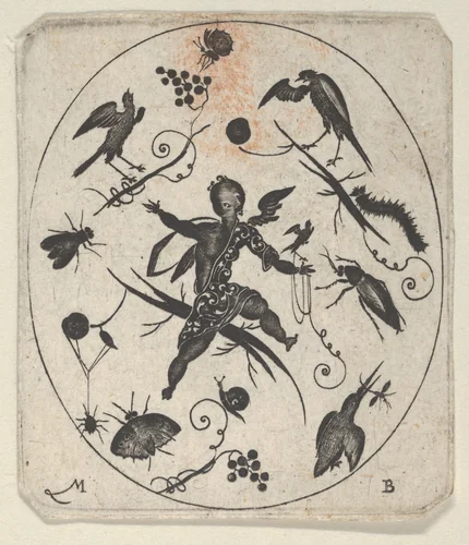Blackwork Design for Goldsmithwork with a Putto, Birds and Insects by Mathais Beitler, print, 1612