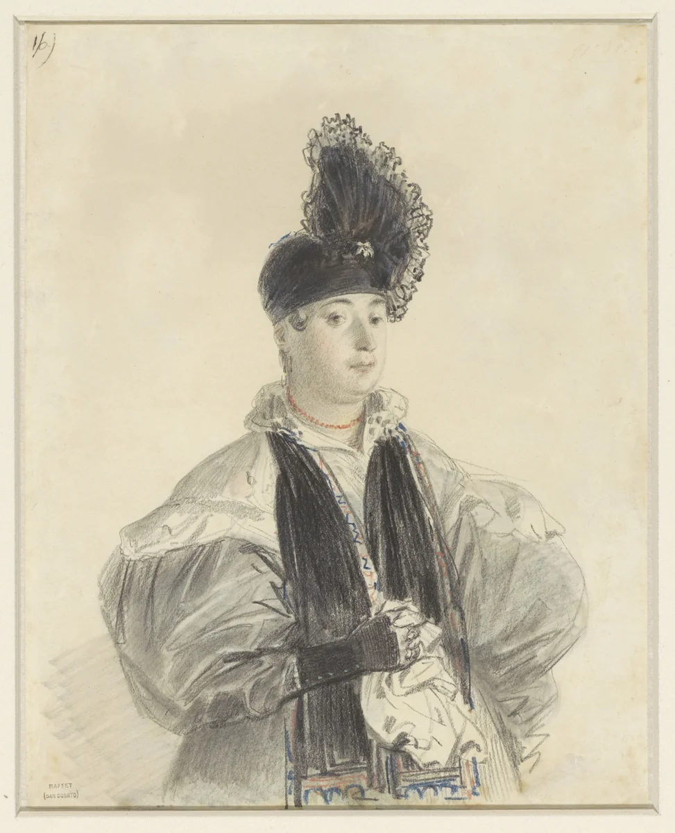 Portret van een staande dame met zwarte shawl en zwarte hoed by Denis Auguste Marie Raffet, drawing, 1814-1860