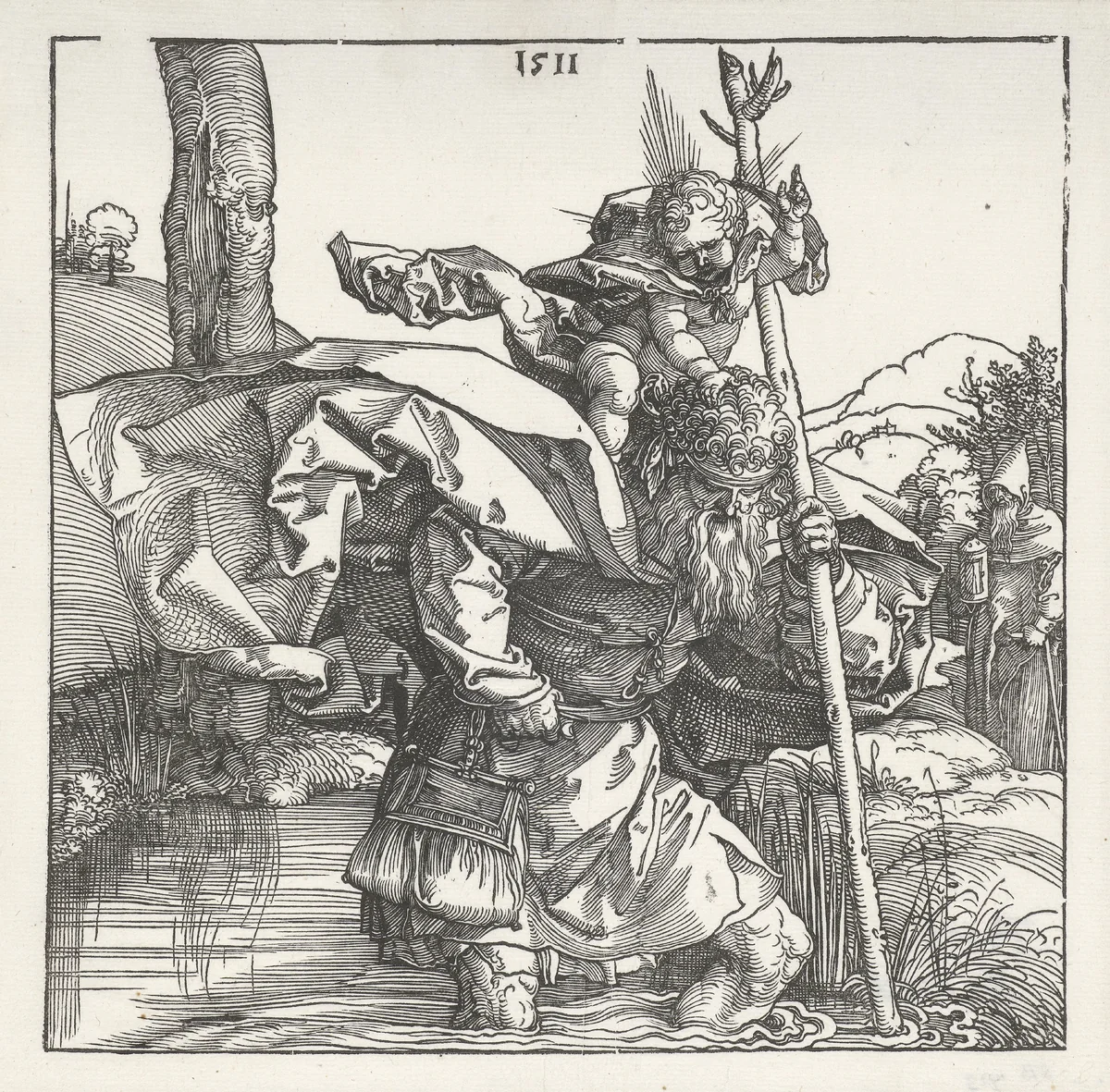 De Heilige Christoffel draagt het Christuskind by Albrecht Dürer, print, 1511