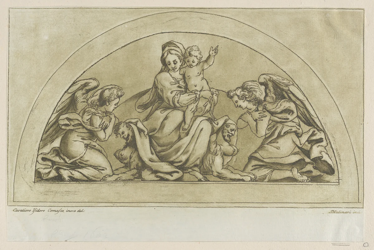 Virgin and child flanked by angels by Stefano Mulinari, print, 1736-1790