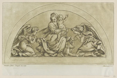 Virgin and child flanked by angels by Stefano Mulinari, print, 1736-1790