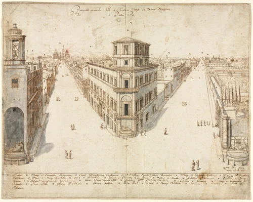 Eighteen Views of Rome: The Quattro Fontane Looking Toward Santa Maria Maggiore by Lievin Cruyl, drawing, 1665