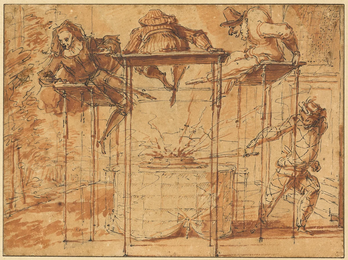 Harlequin Espirit Follet: The Comedian's Repast by Claude Gillot, drawing, 1690-1715