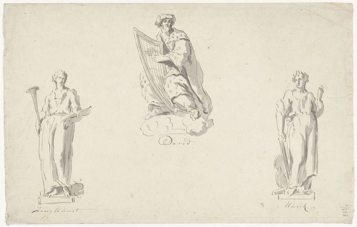 Drie ontwerpen voor orgelfiguren: Zangkunst, David en Muziek by Anthony Ziesenis, drawing, 1741-1801