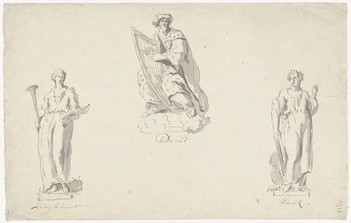 Drie ontwerpen voor orgelfiguren: Zangkunst, David en Muziek by Anthony Ziesenis, drawing, 1741-1801