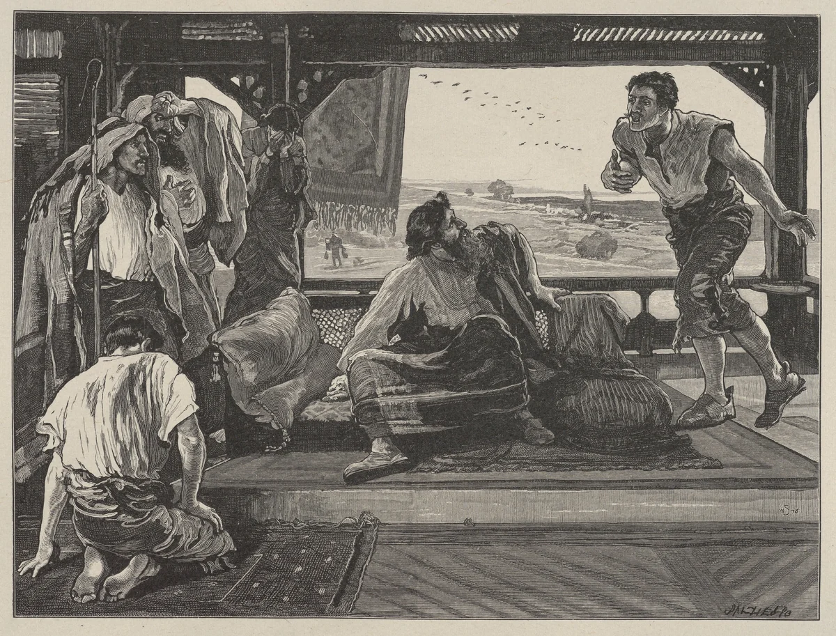 Job Receiving the Messengers, from "Dalziels' Bible Gallery" by William Small, print, 1876-1881