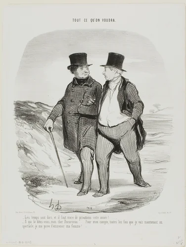 “- Times are difficult; this year we must learn to be more modest... - Don't tell me, my dear Ducorneau.... as far as I am concerned, every time I go to the theatre I now deny myself the company of my wife....,” plate 2 from Tout Ce Qu'on Voudra by Honoré-Victorin Daumier, print, 1847