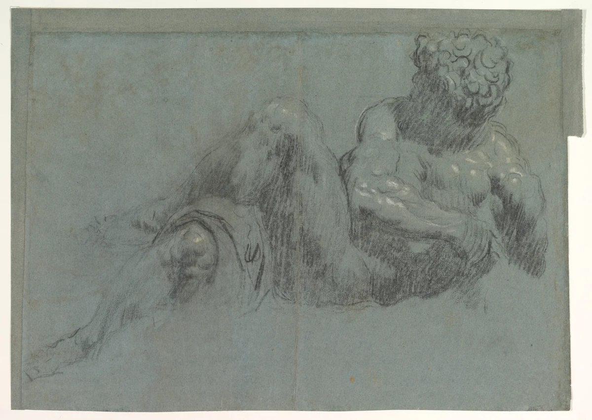 Study after Michelangelo's Giorno (recto and verso) by Jacopo Tintoretto, drawing, 1545-1555