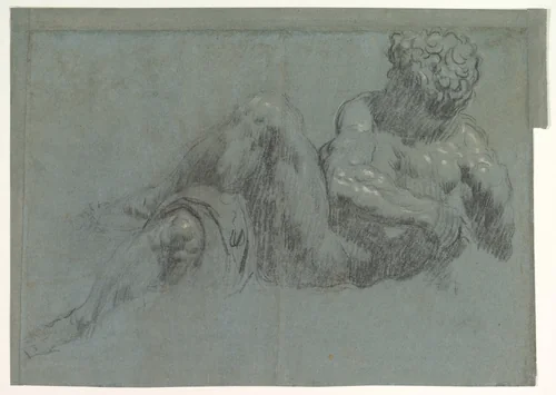 Study after Michelangelo's Giorno (recto and verso) by Jacopo Tintoretto, drawing, 1545-1555