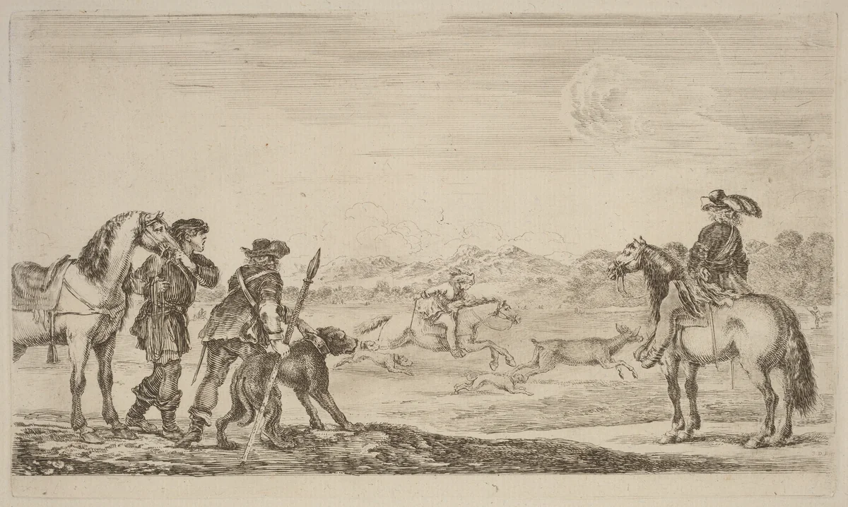 Small Deer Chased by a Cavalier by Stefano della Bella, print, 1610-1664