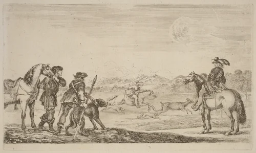 Small Deer Chased by a Cavalier by Stefano della Bella, print, 1610-1664