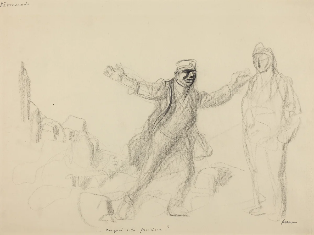 a) Kammerade. Porquoi cette froideur? (recto); b) Study for German Figure (verso) by Jean-Louis Forain, drawing, 1914-1919