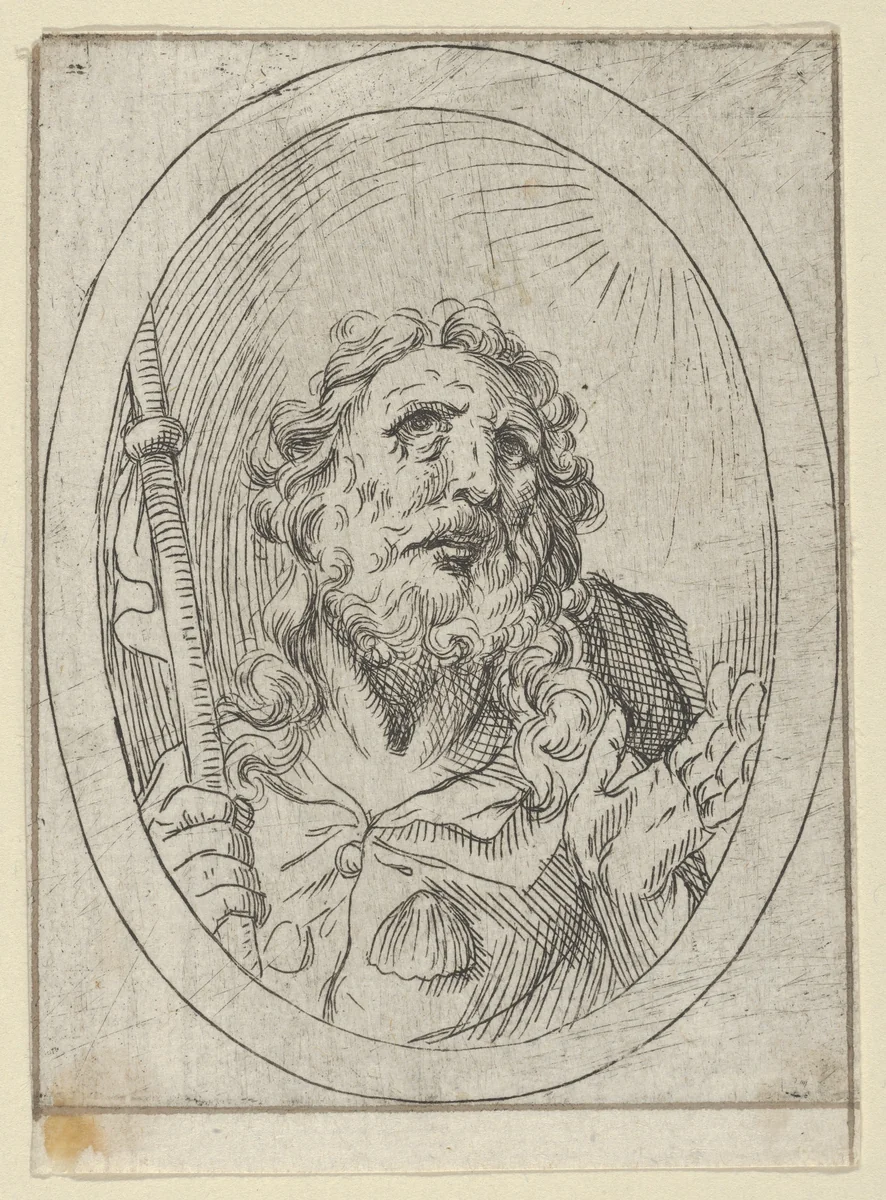 Saint James Major, looking upwards and holding a staff, from "Christ, the Virgin, and Thirteen Apostles" by anonymous, print, 1600-1640