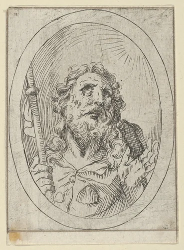 Saint James Major, looking upwards and holding a staff, from "Christ, the Virgin, and Thirteen Apostles" by anonymous, print, 1600-1640