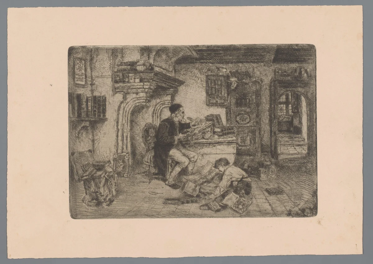 Schrijvende man en lezende jongen by Willem Linnig, print, 1852-1890