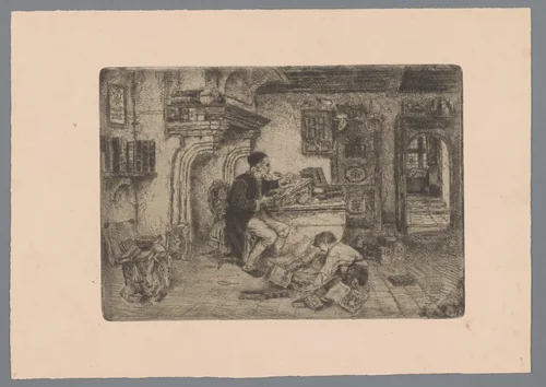 Schrijvende man en lezende jongen by Willem Linnig, print, 1852-1890