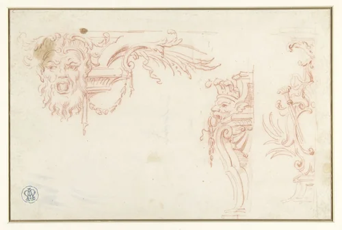 Drie details van laat Lodewijk XIV interieur by Jean Baptiste de La Rose, drawing, 1675-1682