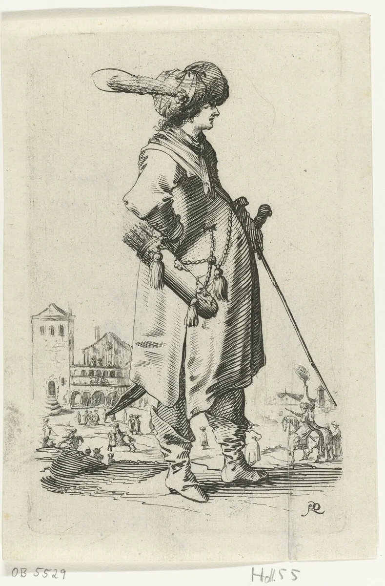 Staande man met tulband en stok by Salomon Savery, print, 1633-1665