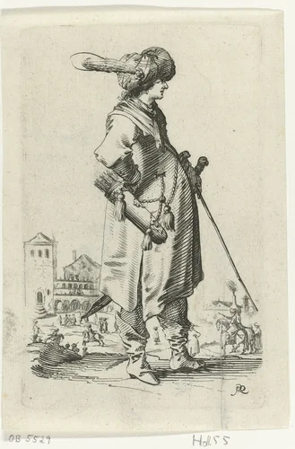 Staande man met tulband en stok by Salomon Savery, print, 1633-1665