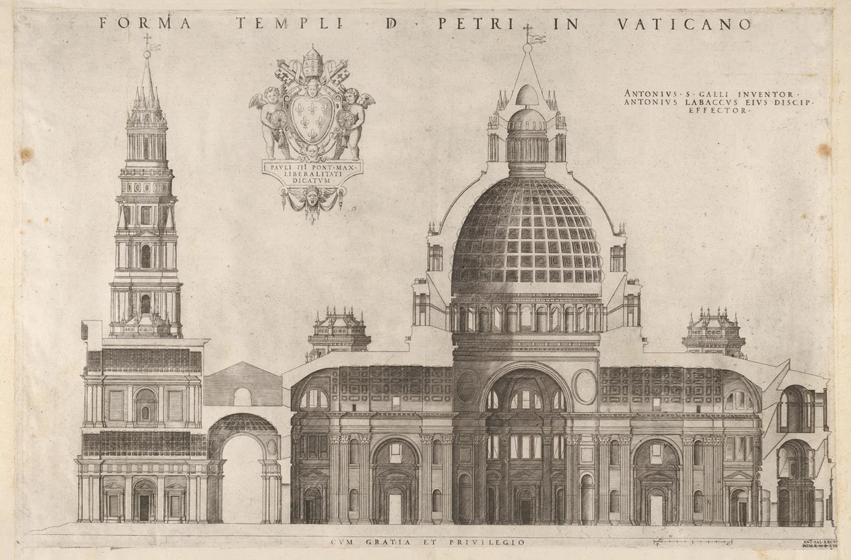 Design for the Basilica of St. Peter's in the Vatican, from "Speculum Romanae Magnificentiae" by Antonio da Labacco, print, 1514