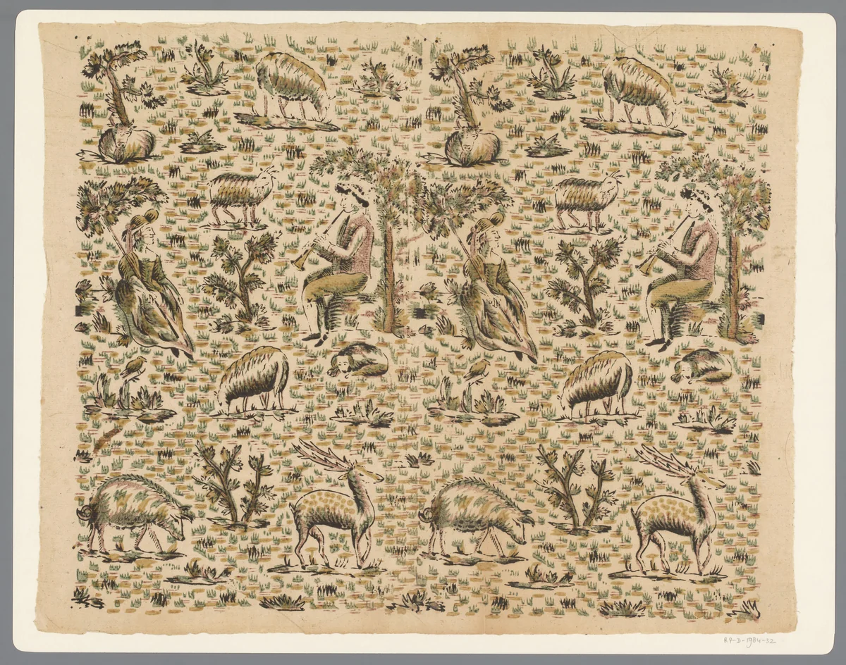 Blad met fluitspelende herder en zittende herderin omgeven door dieren by anonymous, print, 1780