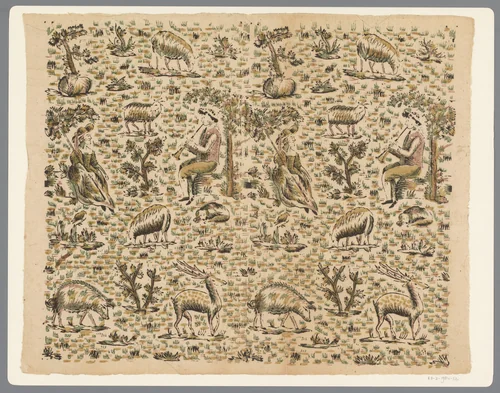 Blad met fluitspelende herder en zittende herderin omgeven door dieren by anonymous, print, 1780