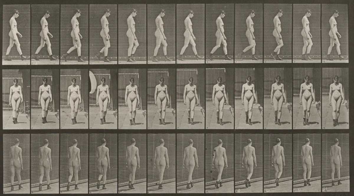 Plate Number 22. Walking with high-heeled boots on by Eadweard Muybridge, photograph, 1887