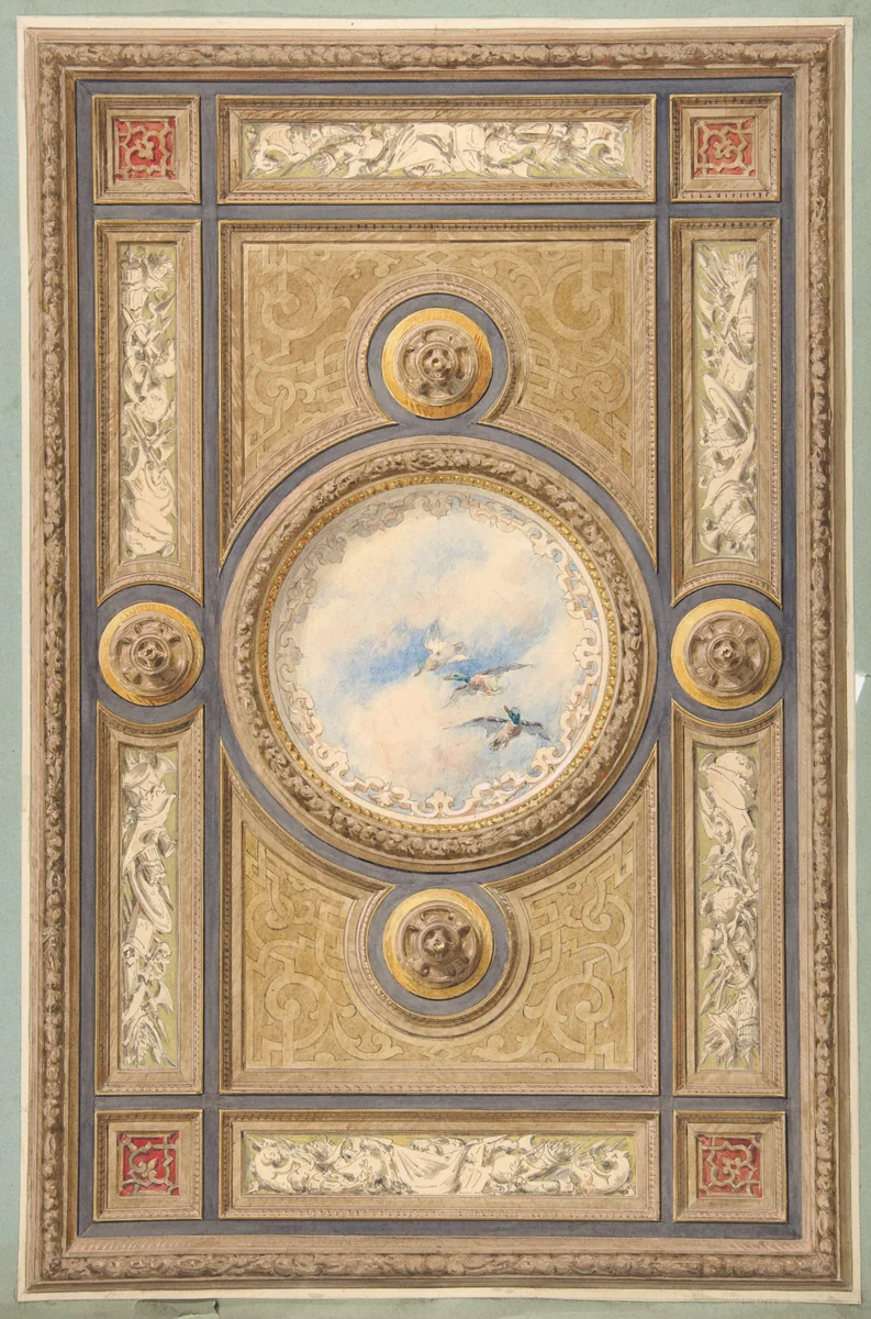 Design for a carved and painted ceiling with clouds and ducks in the central circular panel by Jules-Edmond-Charles Lachaise, drawing, 1830-1897