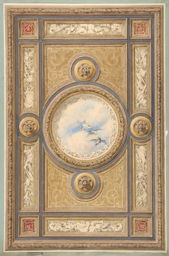 Design for a carved and painted ceiling with clouds and ducks in the central circular panel by Jules-Edmond-Charles Lachaise, drawing, 1830-1897
