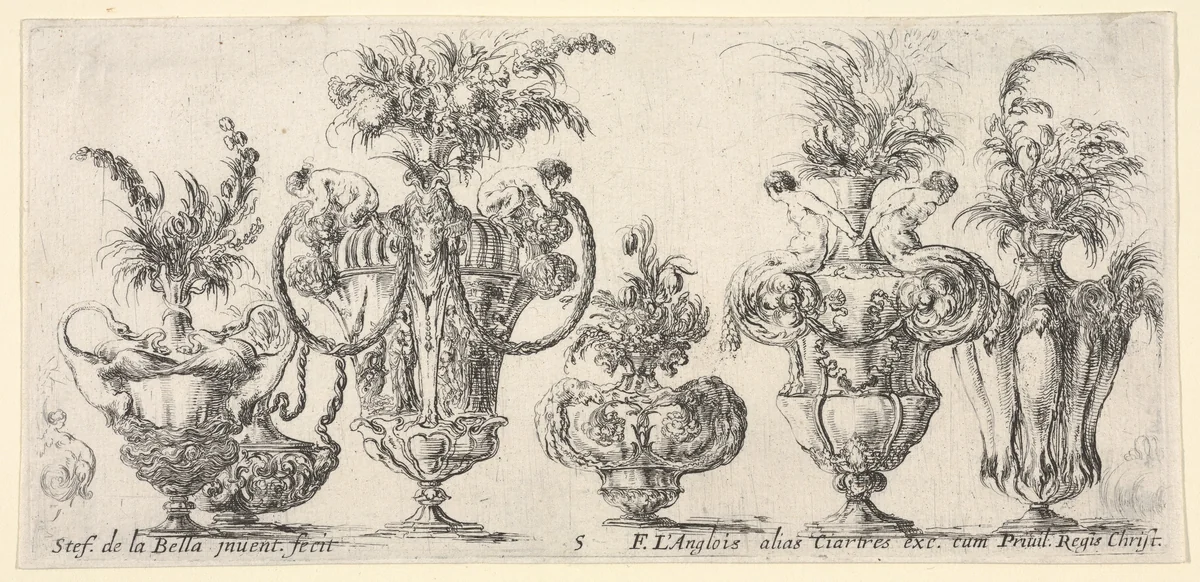 Six vases, and two sketches of vases on the extremities, plate 5 from "Collection of Various Vases" (Raccolta di Vasi Diversi) by Stefano della Bella, print, 1650-1656