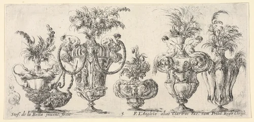 Six vases, and two sketches of vases on the extremities, plate 5 from "Collection of Various Vases" (Raccolta di Vasi Diversi) by Stefano della Bella, print, 1650-1656