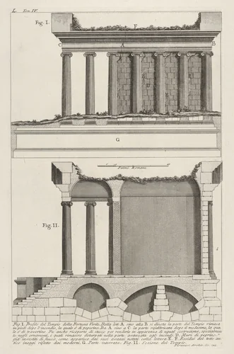Profile of the Temple of Fortuna Virilis (Profilo del Tempio della Fortuna Virile), and section of the temple, from "Le Antichità Romane" by Giovanni Battista Piranesi, print, 1756