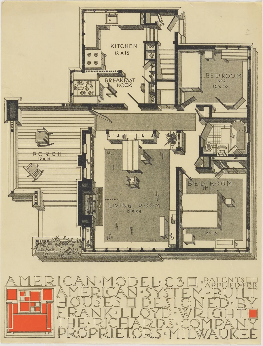 American System-Built Houses for The Richards Company project, (Plan oblique of model C3) by Frank Lloyd Wright, architecture, 1915