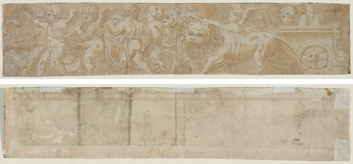 Chariot Drawn by Lions with Amorini (recto) Partial Architectural Study (verso) by Unknown, drawing, 1500-1550