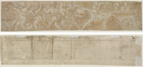 Chariot Drawn by Lions with Amorini (recto) Partial Architectural Study (verso) by Unknown, drawing, 1500-1550