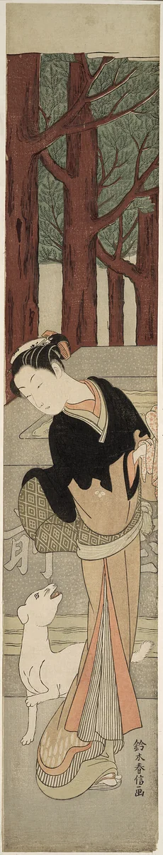 Beauty and a White Dog at a Shrine by Suzuki Harunobu (鈴木春信), print, 1764-1770
