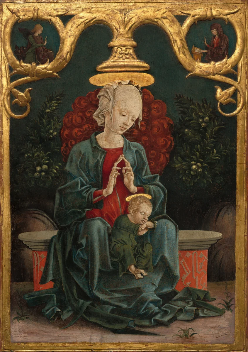 Madonna and Child in a Garden by Cosmè Tura, painting, 1460-1470