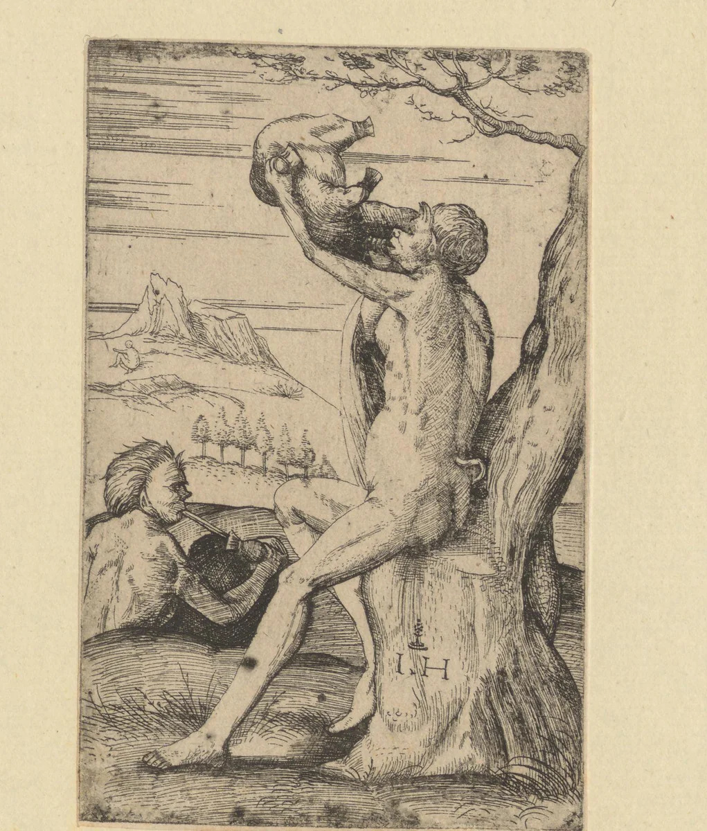 Doedelzakspelende en wijndrinkende saters by Unknown, print, 1525-1550