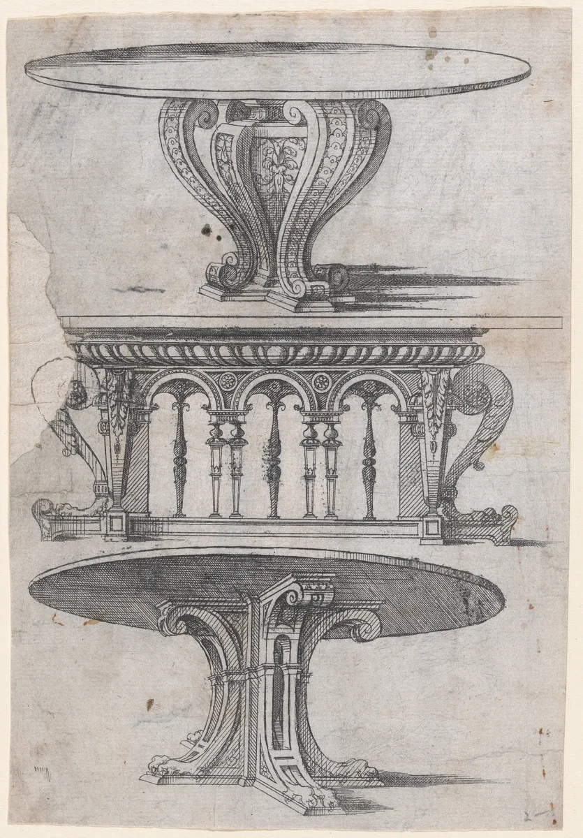 Three Table Designs by Jacques Androuet du Cerceau, print, 1565-1570